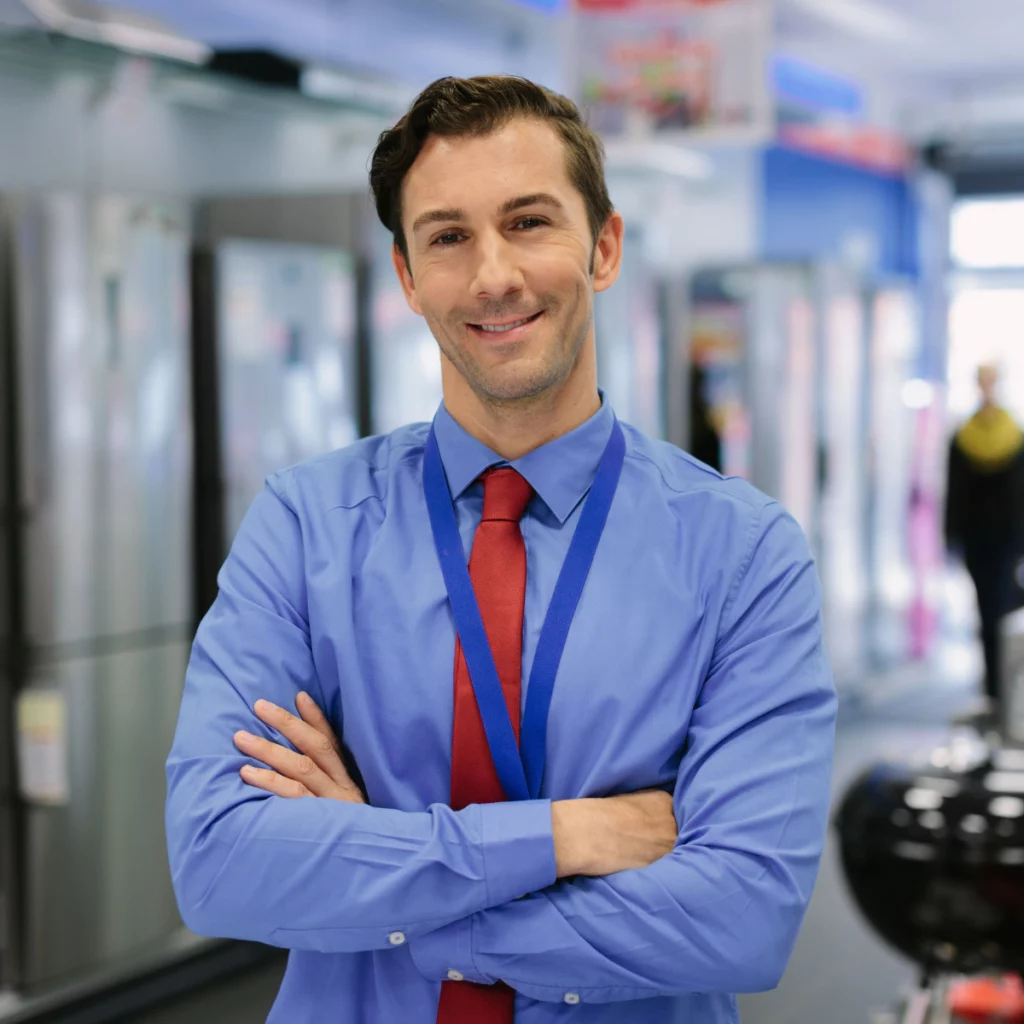 a sales representative with the appliance store at the background